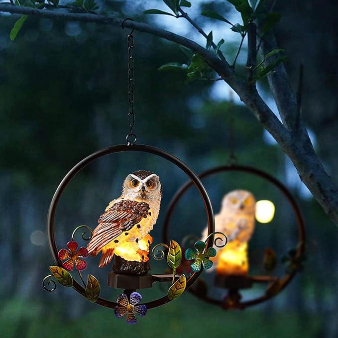 ASFSKY Gift for Owl Lovers Garden Solar Hanging Owl Statue Waterproof Outdoor Hanging Garden Decorations (Brown)