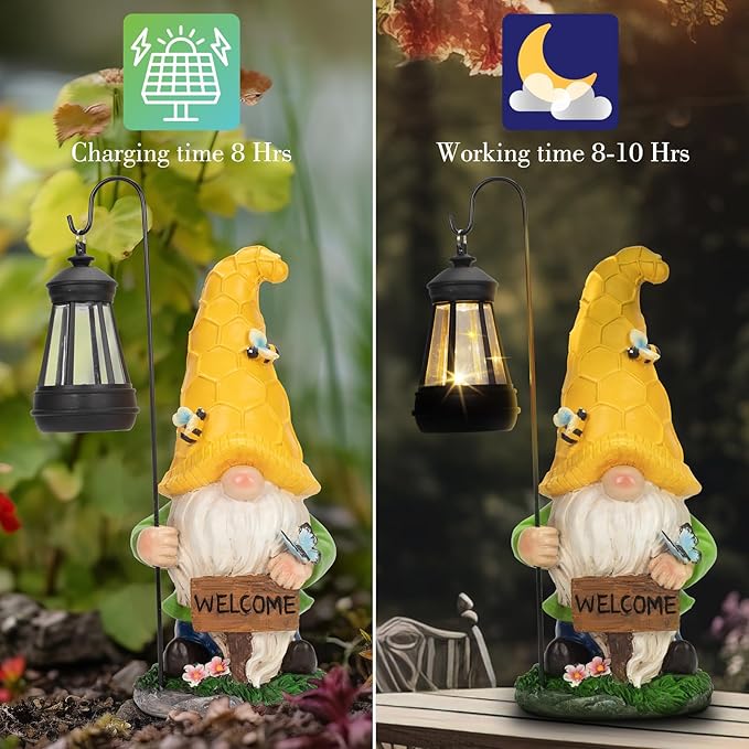 12.6'' Solar Large Garden Gnomes Outdoor Statues with Lantern, Welcome Gnome Garden Outdoor Decor Gift Waterproof Decoration for Patio, Balcony, Yard Ornament - Unique Housewarming Gifts