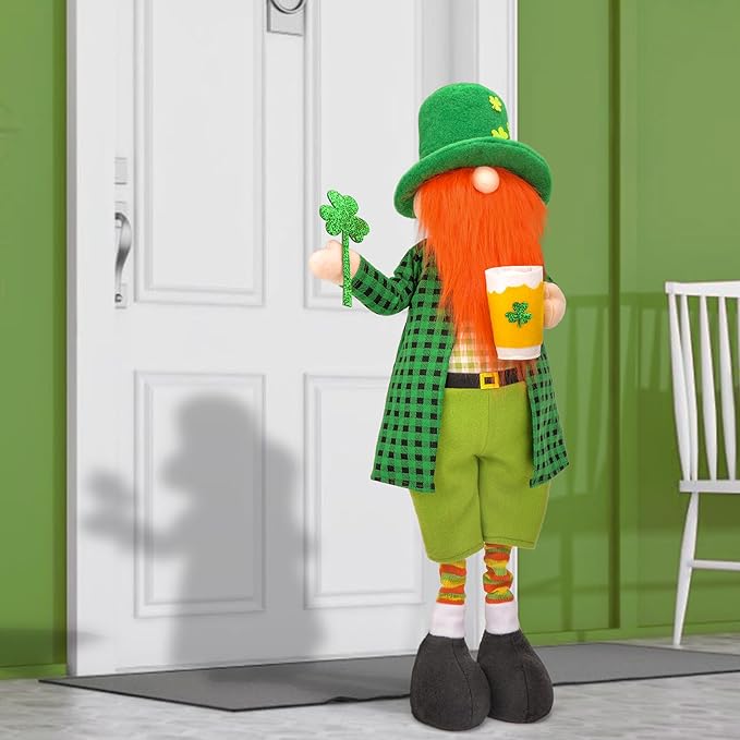 Large St Patricks Day Gnome Plush Decorations Outdoor, Cute Standing Saint Patricks Day Gnomes Gift Decor with Retractable Spring Legs, Placed Outside Yard/Porch/Garden/Indoor/Home/Office