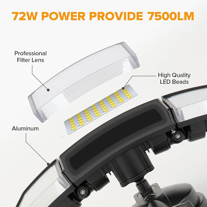 LUTEC 2 Pack 72W 7500LM LED Security Lights Motion Sensor Light Outdoor, 5000K Daylight, IP65 Waterproof, Dusk to Dawn, 3-Head Motion Detected Flood Light for Garage, Yard, Porch(Black)