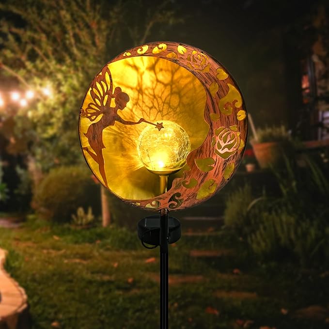 Fairy Solar Garden Light, Decorative Outdoor Statue, Moon Star Decor Stake, Metal Sculpture Decoration for Yard, Lawn, Patio, Pathway, Housewarming, Birthday Gift for Mom, Grandma, Women