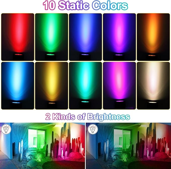 CLY Solar 6 in 1 RGB Spotlights Outdoor Garden, 10 Colors 12 Modes Solar Garden Floodlight Landscape Spotlights IP66 Waterproof 59.06ft Cable Spike Light for Lawn, Patio, Balcony