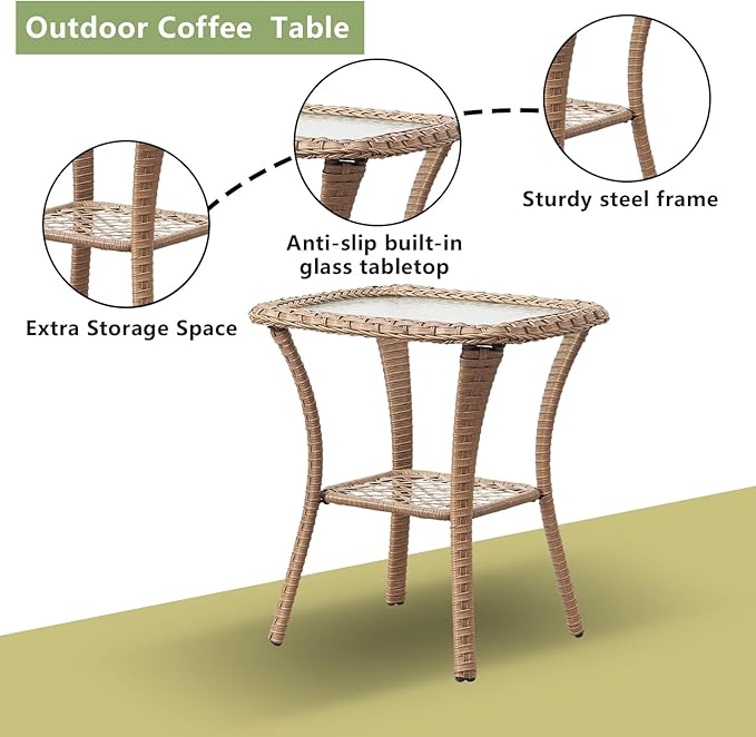 Outdoor Patio Swivel Rocker Chairs - 3 Piece Patio Bistro Set,Wicker Patio Furniture Set with 2 Swivel Rocking Chairs and 1 Glass Top Side Table for Deck Porch Garden,Yellow/Beige