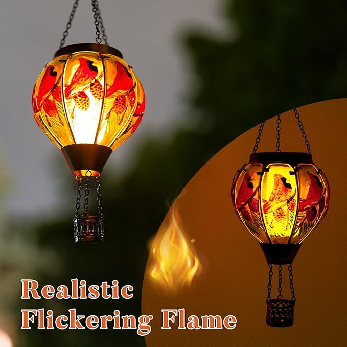 Cardinal Solar Hot Air Balloon Lantern with Flame, Glass Hot Air Balloon Solar Lantern Outdoor Waterproof, Hanging Hot Air Balloon Solar Light, Cardinal Gifts for Mom Woman Christmas