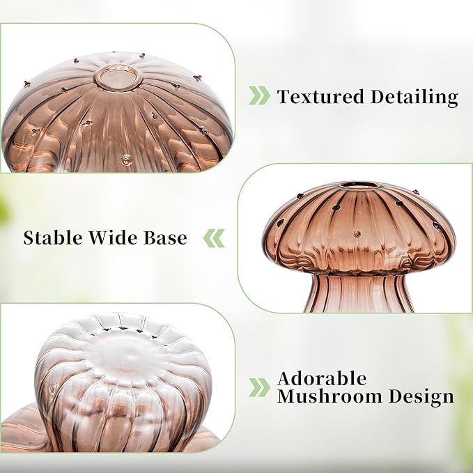 Glasseam Mushroom Plant Propagation Stations: Amber Glass Terrarium Jar Set of 5 Cute Planters for Indoor Plants Mini Propagate Station Unique Christmas Birthday Gifts for Women Home Office Decor