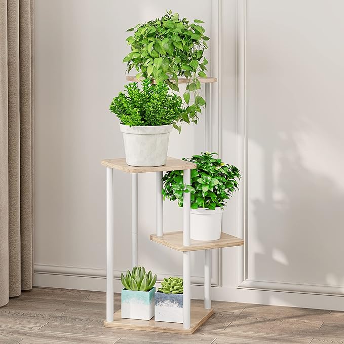 AZERPIAN Plant Stand 4 Tier Indoor Metal Flower Shelf for Multiple Plants Corner Tall Flower Holders for Patio Garden Living Room Balcony Bedroom, Black (4 Tier-White)