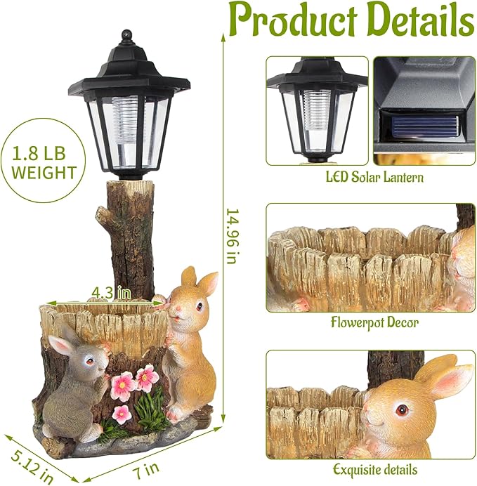 Solar Bunny Garden Stalue Outdoor, Rabbits Figurine Flowerpot Decolwith Solar Lantem for Yard Art Lawn Ornaments Porch Patio Balcony - Gardening Gifts for Women Mom
