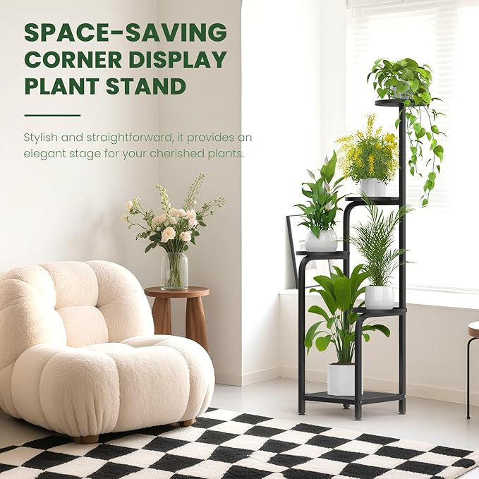 TOSKING 5 Tier Tall Plant Stand Indoor Outdoor, Heavy Duty Corner Shelf for Plants & Decor, Space Saving 3.9FT Metal Flower Pot Stand for Balcony, Garden, Living Room, Patio (Black, 47in)