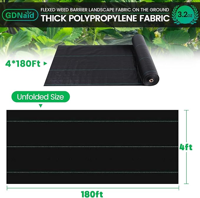 4x180ft Weed Barrier Landscape Fabric Heavy Duty, Premium 3.2oz Weed Barrier Fabric Weed Tarp, Weed Fabric, Garden Landscaping Fabric