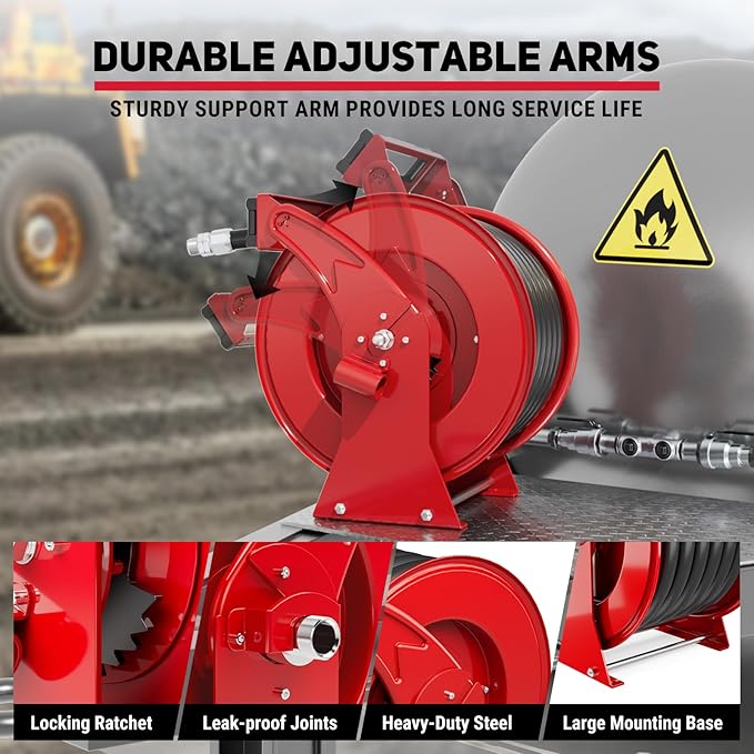Fuel Hose Reel 1" x 50FT Extra Long Retractable Diesel Reel 300 PSI Auto Swivel Rewind Diesel Hose Reel with Fueling Nozzle Industrial Carbon Steel for Vehicle Tank Truck Trailer Ship, Red