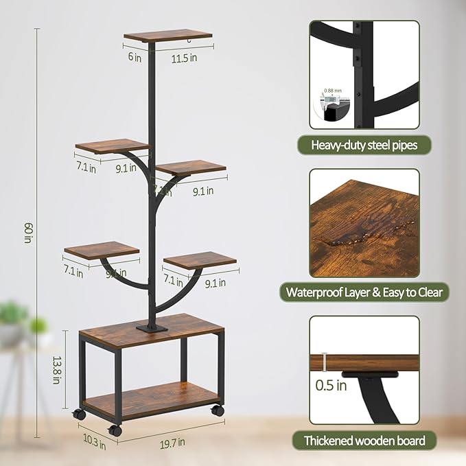 Plant Stand Indoor with Grow Lights, 60" Tall 7-Tier Metal Plant Stand with Wheels & Tree-Shaped Design for Indoor Plants, Flower Holder Display Rack for Home, Patio - Black