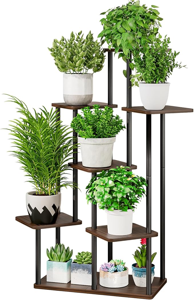 AZERPIAN Plant Stand 7 Tier Indoor Metal Flower Shelf for Multiple Plants Corner Tall Flower Holders for Patio Garden Living Room Balcony Bedroom, Black Oak
