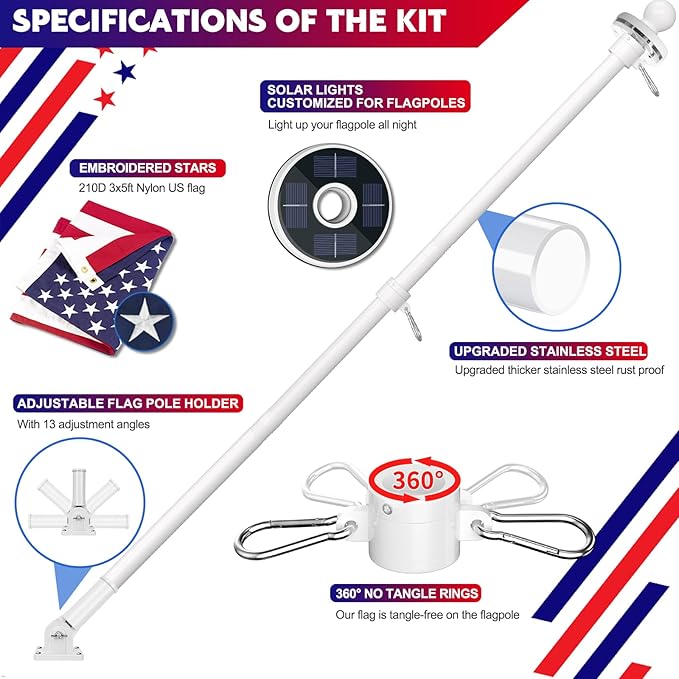 ZMTECH 2 Pack 6FT White Flag Pole Kit with Solar Light and Proud American Flag, Adjustable Bracket and Upgraded Tangle-Free Ring 1" Stainless Steel Flagpole for Day and Night, Residential, Commercial