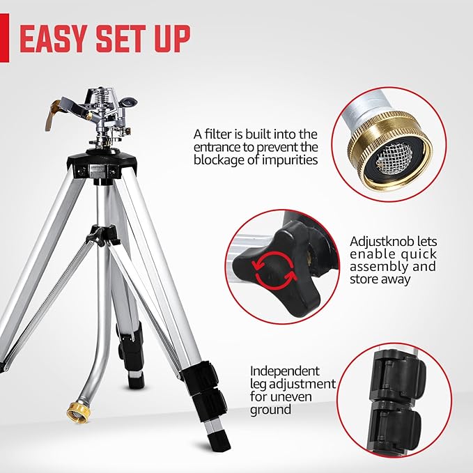 YAMATIC Impact Sprinkler on Adjustable Tripod Base, 360 Degree Large Area, with 3/4" Thread Quick Connect Fittings, Heavy Duty Pulsator Sprinkler for Lawn Yard and Grass, Spray up to 20-90ft (36inch)