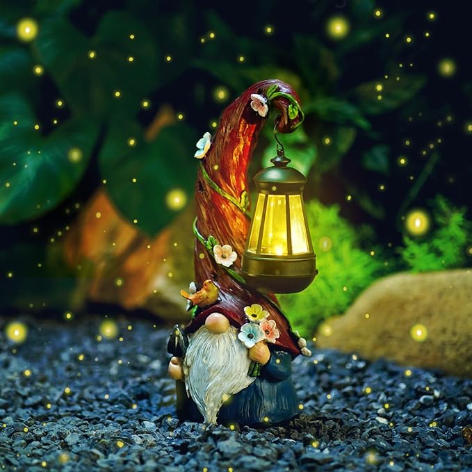 Gnome Garden Decor Statue Solar Gnomes Decorations for Yard with Lantern Light Outdoor Decorations for Patio Mom Gift
