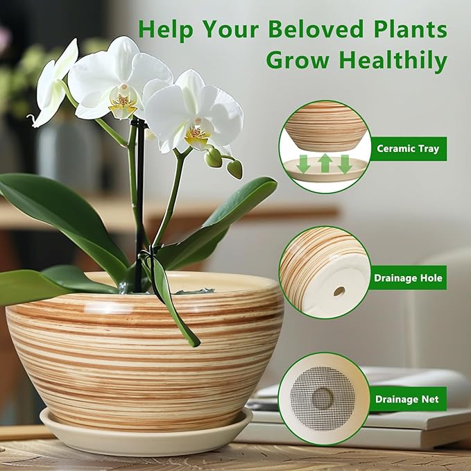 Ceramic Pot for Plants 11 Inch - Planter for Outdoor Plants Indoor Plant Pot with Drainage Hole and Saucer Large Planter Round Flower Pot for House Patio Garden Yellow