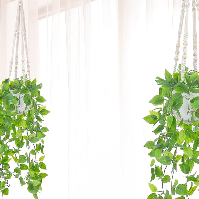 YIBOT 2 Pack Macrame Plant Hanger Indoor Hanging Planter Basket with Wood Beads Decorative Flower Pot Holder No Tassels for Indoor Outdoor Boho Home Decor-35 Inch