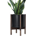 D'vine Dev Planter Pot with Stand - 10 Inch Plastic Cylinder Flower Pot with Wood Planter Holder for Indoor, Matte Black Pot + Walnut Color Stand, 55-C-L-2