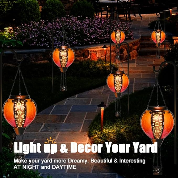 Hot Air Balloon Solar Lantern - Stained Glass Lantern with Simulated Flickering Flame, Outdoor Hanging Yard Light Waterproof IP65 & Weather Resistant for Garden Patio Lawn Porch Decor Gfit