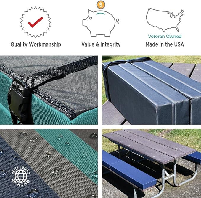 North American Mattress 8' Outdoor Picnic Bench Seat Cushion -2 Piece Set; 96" (8ft) x 10" x 3"; Green/Blue- Folding & Easy to Carry