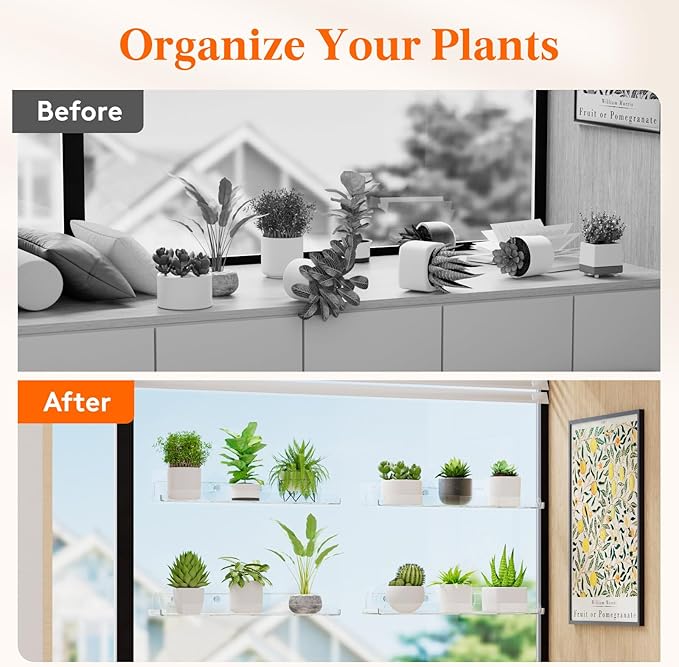 Lifewit Window Plant Floating Shelves 15 inch, 2 Pack Acrylic Suction Cup Shelf, Window Sill Extender for Indoor Succulent Plants, Micro Greens, Seed Starter Pots, Herb Planters