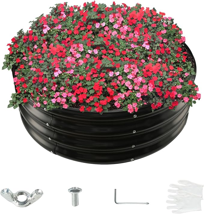 32 Inch Diameter Black Galvanized Garden Raised Bed/Plant Box/Fire Ring - 0.8mm Thick,12 Inch Tall, Perfect for Planting a Variety of Flowers,Herbs,Vegetables (2.7 FT Diameter, Round)