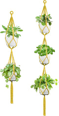 USLAI Macrame Plant Hanger Indoor Outdoor, Up to 4-15 inch Pot, Heavy 20lb Planters, Extra Long Strong Hanging Planter Basket Holder, Boho Home Decor, 49+72 Inch, Yellow (POTS NOT Included)