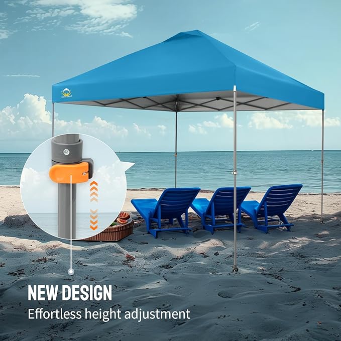 CROWN SHADES Adjustable Height on The Fly, 10x10 Pop Up Canopy - Beach Tent with One Push Setup - Easy Outdoor Sun Shade for Events, Parties, Camping - Outside Shade with STO-N-Go Bag, Sky Blue