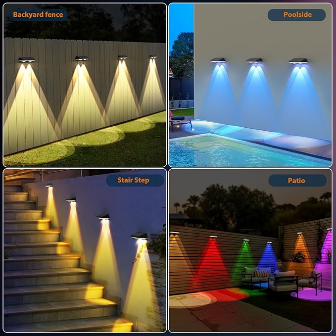 Solar Fence Lights ,RGB & Warm White & 6 Colors Bright Lens LED Dusk to Dawn Deck Light, Fence Solar Lights Outdoor Waterproof, Solar Outdoor Lights for Backyard/Railing/Wall/Step/Patio/Pool (4Pack)