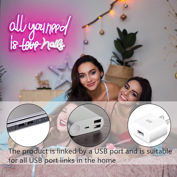 WLHOPE All You Need is Nails Neon Sign, Nail Neon Signs for Wall Decor, Pink Led Signs USB Connectivity Nails Light Up Signs for Bedroom Home Bar Girls Room Beauty Shop Nails Room, Gift for Girls