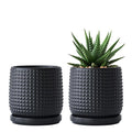 D'vine Dev Set of 2 Ceramic Plants Pots, 4 Inch Beaded Stoneware Flower Pot for Plants with Drainage Hole and Saucer, Ebony Matte, 27-E-Z-6