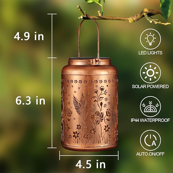 2 Pack Solar Lanterns Outdoor Waterproof, Hummingbird Garden Decor Gifts for Women Mom Grandma Hanging Solar Lights Metal Solar Decoration Outside for Yard, Patio, Lawn, Pathway, Landscape