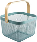 Metal Mesh Steel Basket, Storage Organizer Basket Multi-functional Hanging Kitchen Baskets Fruit Basket Bin with Bamboo Handle for Kitchen Bathroom Picnic Shopping Decor Cabinet Home, Blue