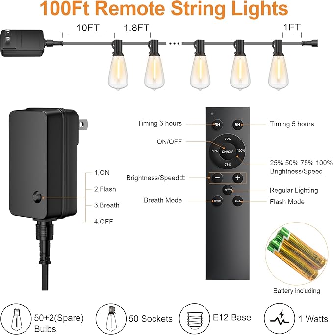 100FT Remote Outdoor String Lights for Outside, 50+2 LED Waterproof Shatterproof Edison Dimmable Timer Bulbs, 2500K Warm White Patio Lights for Garden Backyard Yard Hanging Lighting