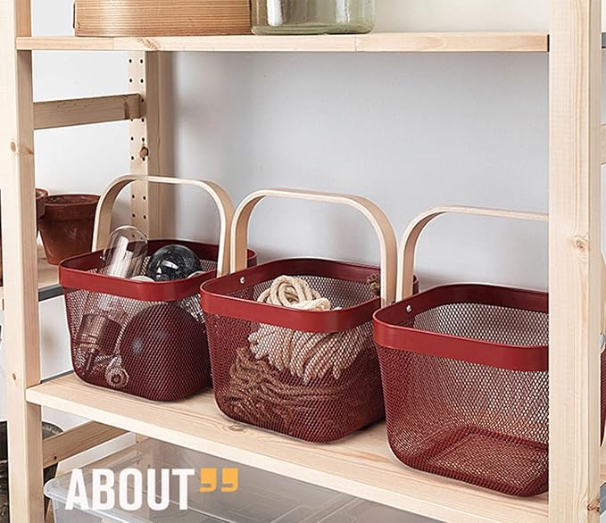 Metal Mesh Steel Basket, Storage Organizer Basket Multi-functional Hanging Kitchen Baskets Fruit Basket Bin with Bamboo Handle for Kitchen Bathroom Picnic Shopping Decor Cabinet Home, Red