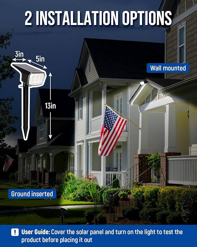 Solar Spot Lights Outdoor Waterproof 2 Pack IP65, 63 LED 3 Lighting Modes Spotlights for Yard Garden House Garage Pathway