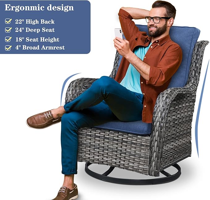 5 Piece Outdoor Patio Furniture Set - Wicker Furniture Patio Conversation Set, Outdoor Swivel Rocker Chairs with 3-Seater Sofa and 2 Ottomans for Small Space, Blue Cushion