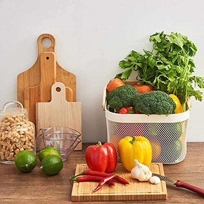Metal Mesh Steel Basket, Storage Organizer Basket Multi-functional Hanging Kitchen Baskets Fruit Basket Bin with Bamboo Handle for Kitchen Bathroom Picnic Shopping Decor Cabinet Home, Beige