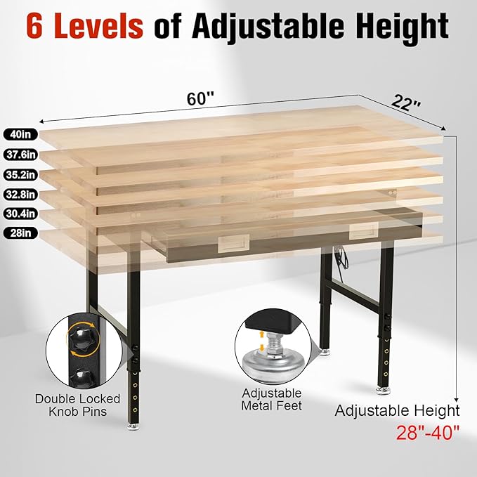 60" Workbench with Drawers, Work Benches for Garage with Strip Light, Adjustable Work Table with Large Pegboard, 2000 LBS Heavy Duty Table with Power Outlet Rubber Wood for Garage, Office