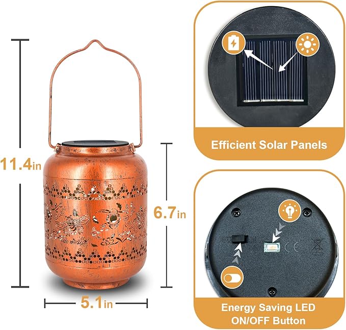 2Pack Bee Solar Lanterns Outdoor Hanging Waterproof Lanterns Garden Decor Christmas Gifts for Women Mom Grandma Metal Solar Lights Decoration Outside for Yard, Patio,Pathway Landscape