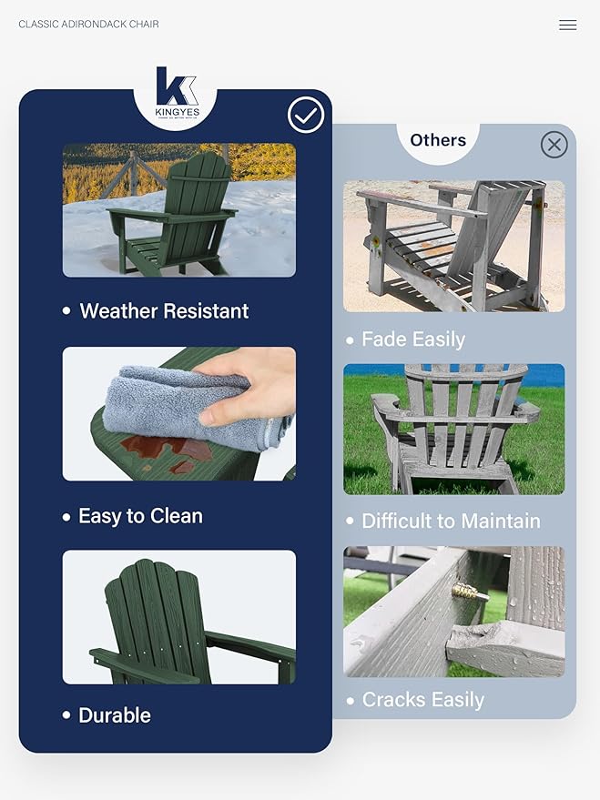 KINGYES HDPE Adirondack Chair Set of 4, Classic All-Weather Adirondack Chair, Green