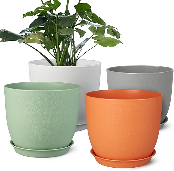 Plant Pots 8 Inch Set of 4, Flower Pots with Multi Mesh Drainage Holes, Planters for Indoor Outdoor Garden Plants and Flowers (Multicolor)