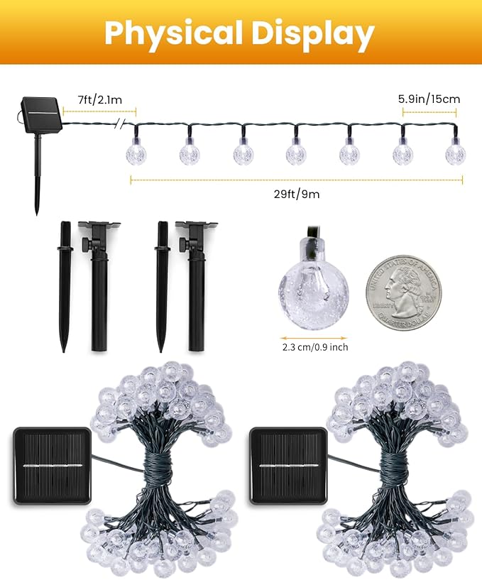 Brightown 2-Pack 120 LED 72 FT Solar String Lights Outdoor, Crystal Globe Lights with 8 Lighting Modes, Waterproof Solar Powered Patio Lights for Garden Yard Porch Wedding Party Decor (Pure White)