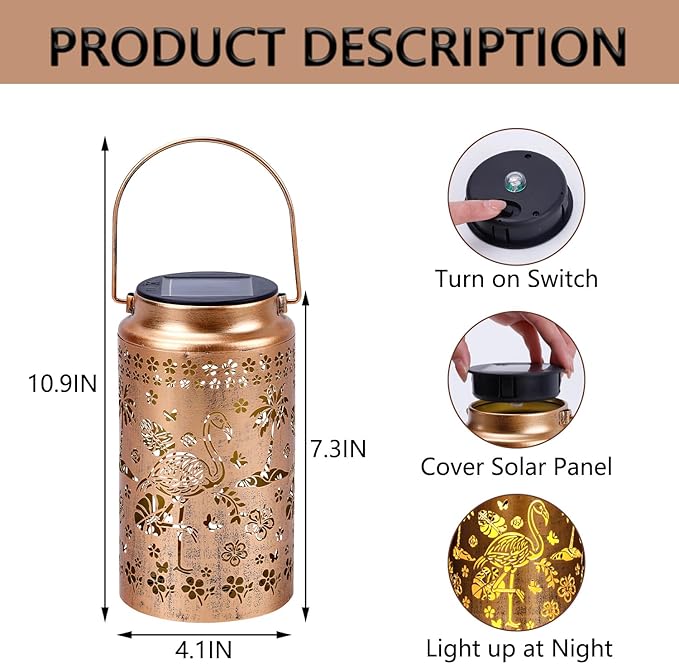 4 Pack Flamingo Solar Lanterns Outdoor Waterproof, Metal Hanging Lights Decorations for Garden Yard Lawn Patio, Flamingo Gifts for Women Mom Grandma Gardener for Mother'Day Christmas
