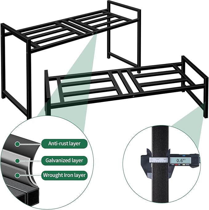 Plant Stand Indoor Outdoor, 2-Tier Wrought Iron Plant Stands, Stackable Metal Plant Shelf Decorative Outdoor Flower Stand Heavy Duty Pedestal Stands for Garden Deck Living Room, Black