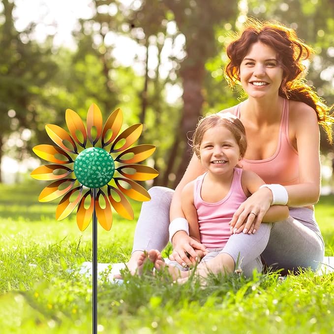 Sunflower Standing Wind Sculpture, Outdoor Wind Spinner with Stake, Metal Windmill for Garden, Lawn Yard Art Decorations (1pcs-Yellow)