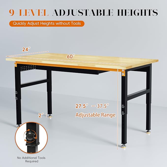 60" Adjustable Height Workbench, 2000 LBS Heavy Duty Work Table with Power Outlets & Pegboard, Rubber Wood Workstation for Garage, Workshop, Office, Home, Commercial
