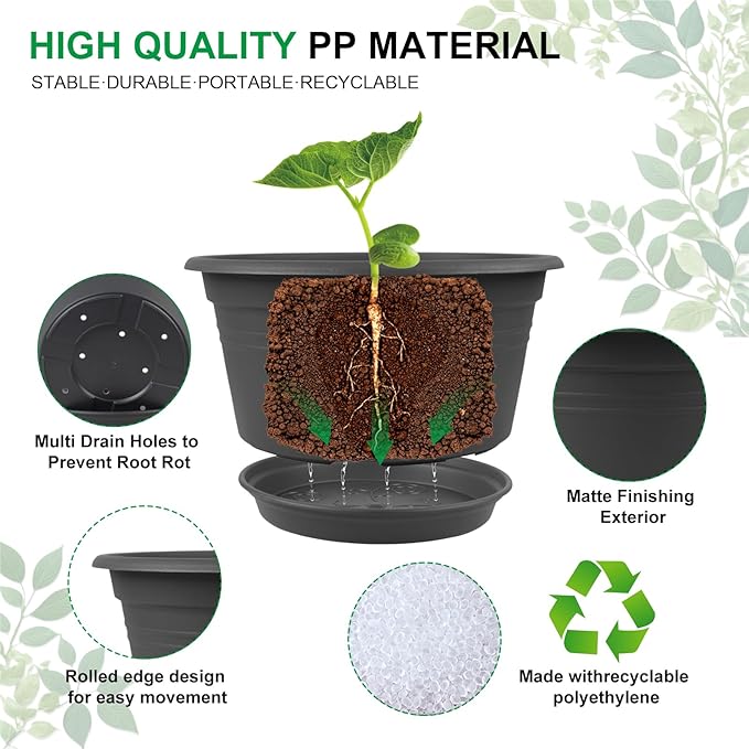 6 Pack 10 inch Plant Pot, Round Plastic Plant Pots, Outdoor Pots for Plants with Drainage Hole & Tray Saucer, Decoration Flower Pots for Indoor Plants Home Garden Outdoor Planters (Grey)