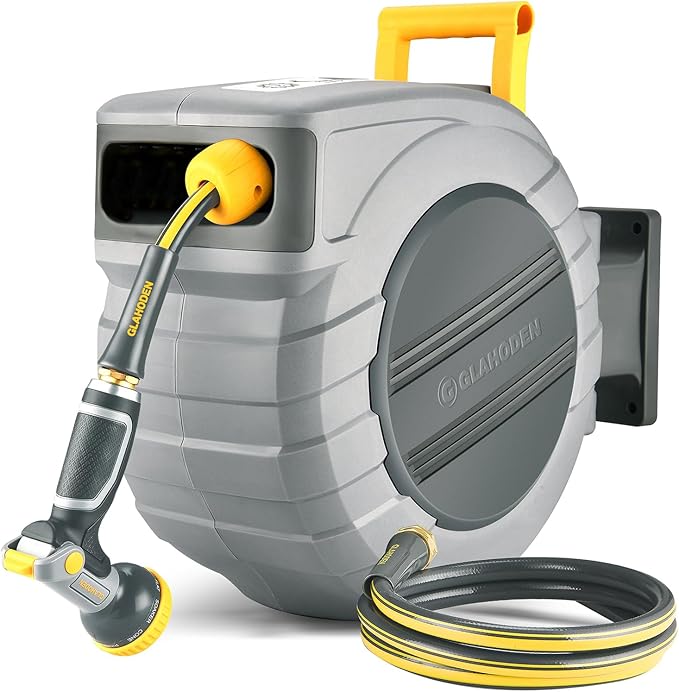 Retractable Garden Hose Reel 5/8 in x 100 ft Metal Bracket, 2025 Upgraded Dual Ratchet Lock UV & Freeze Protection Brass Seal Slow Retraction Anti-Tangle Hose 180°Swivel