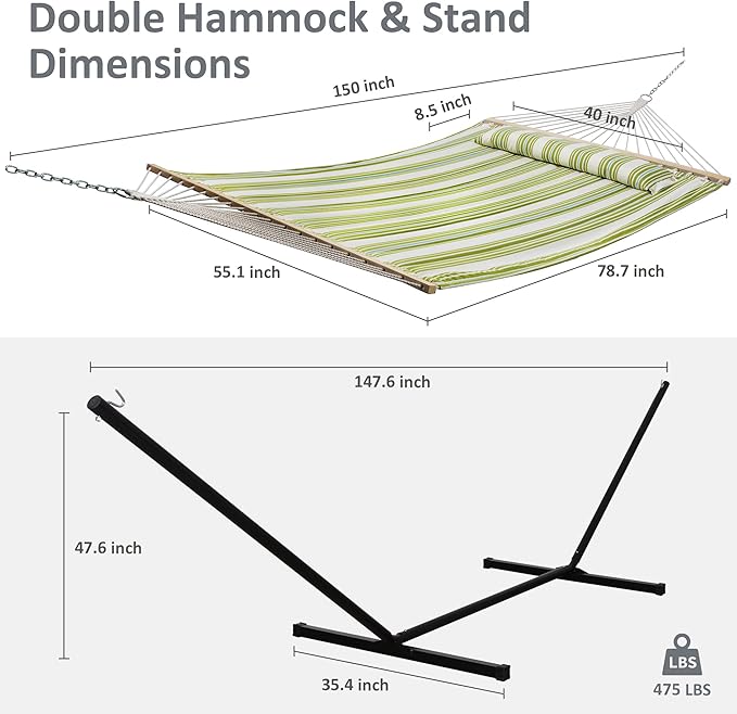 SUNCREAT Portable Double Hammock with Stand, 475 lbs Capacity, Heavy Duty Two Person Hammock with Stand Included, Green Stripe